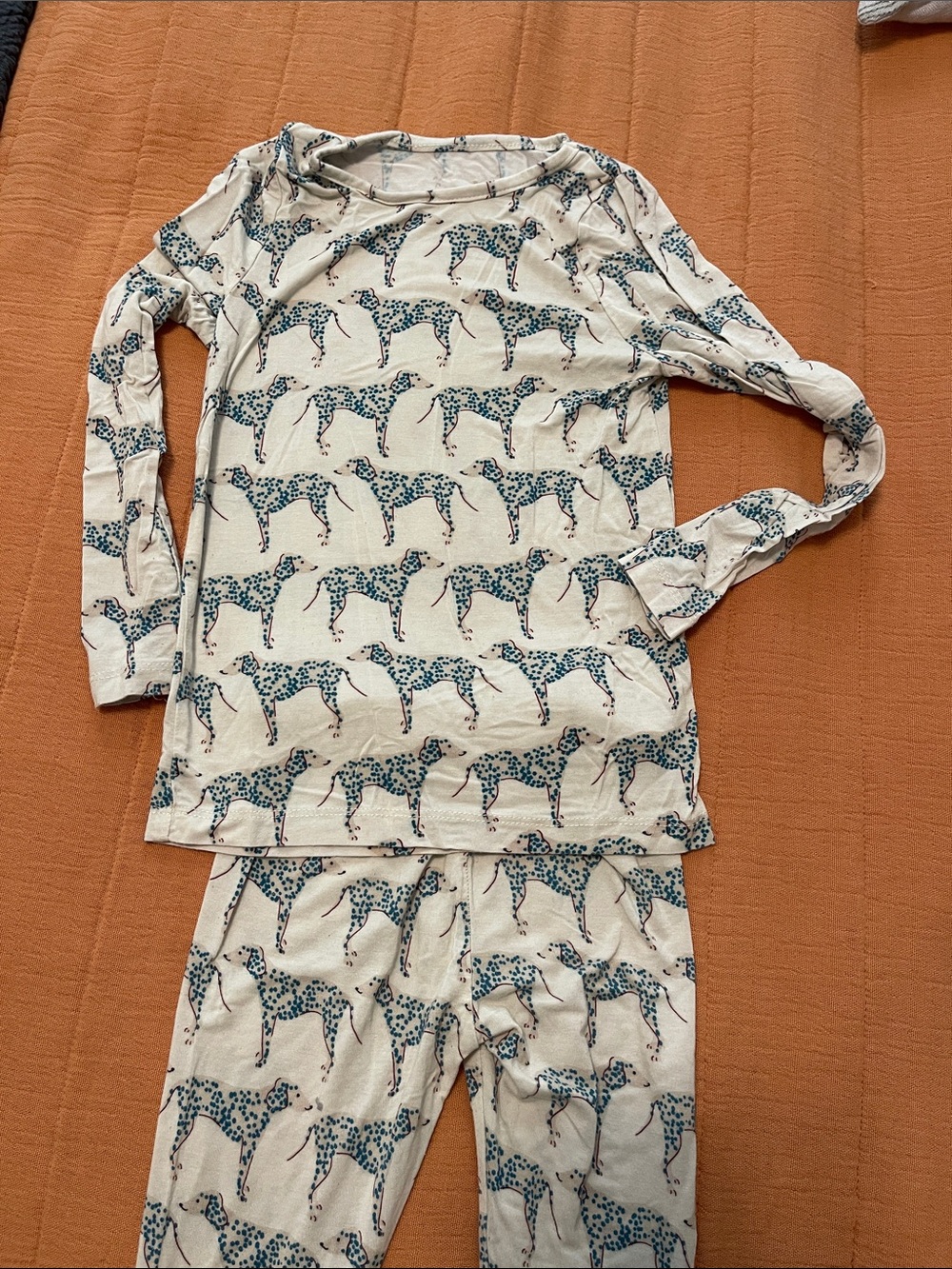 Kids Long Sleeve Cream Pajama Set with Blue Dalmatian Print